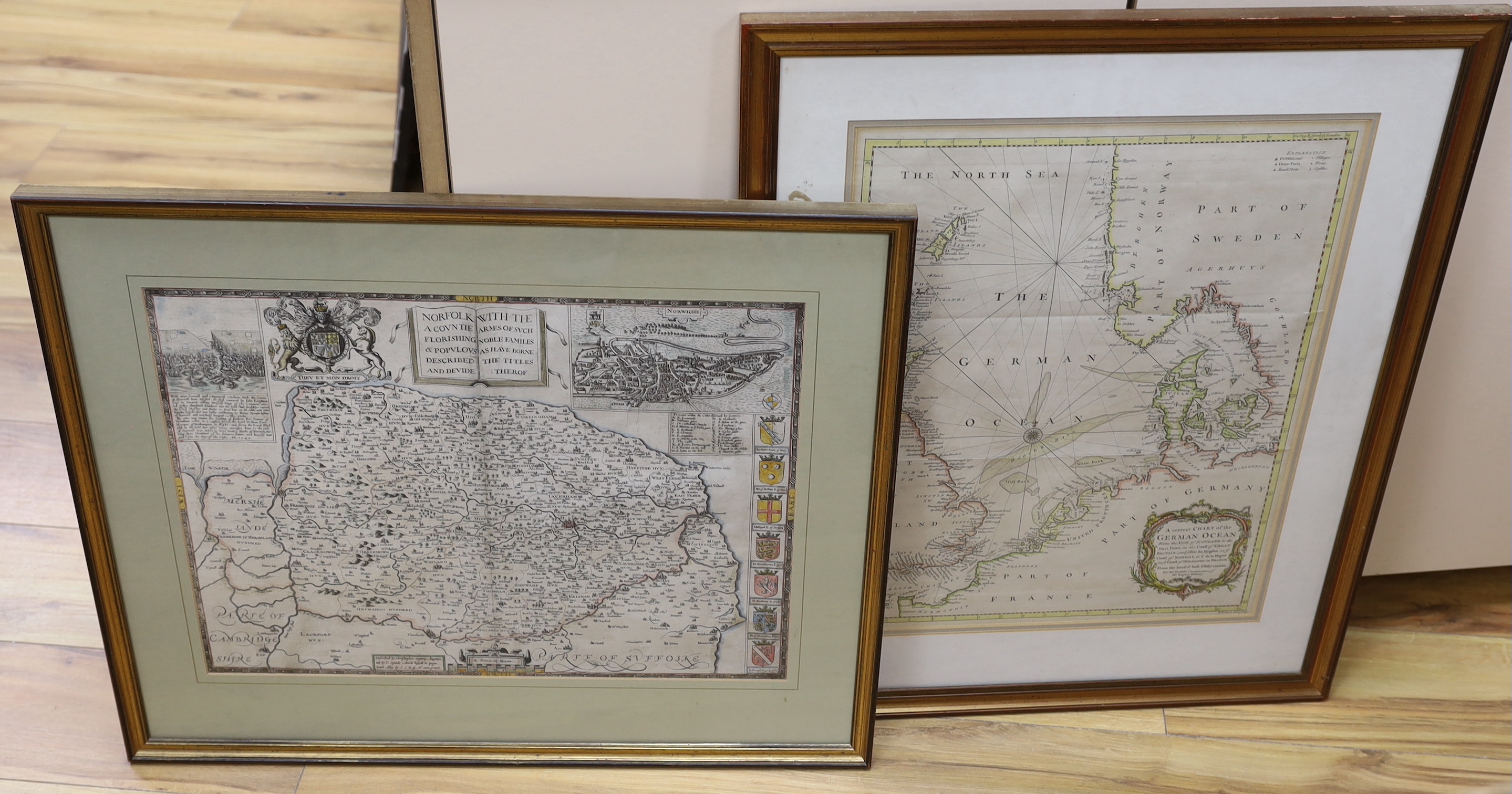 John Speed, coloured engraving, Map of Norfolk, 37 x 50cm, and a Tindal's engraving, Correct Chart of the German Ocean, 49 x 39cm